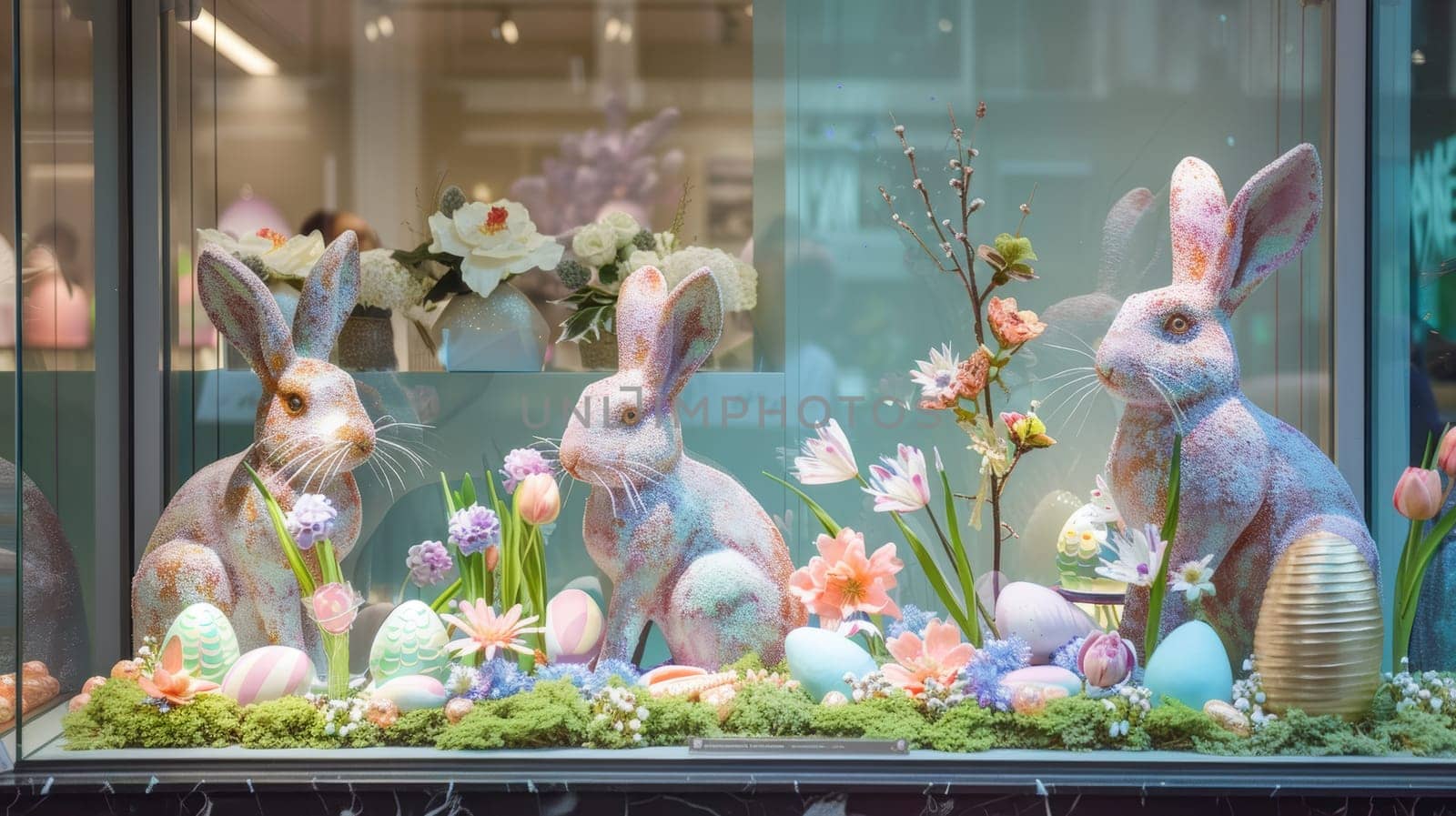 Whimsical easter window display featuring oversized bunnies, pastel eggs, and vibrant spring flowers in a boutique setting. draws attention with its colorful and festive elements, ideal for seasonal decor inspiration and retail design.