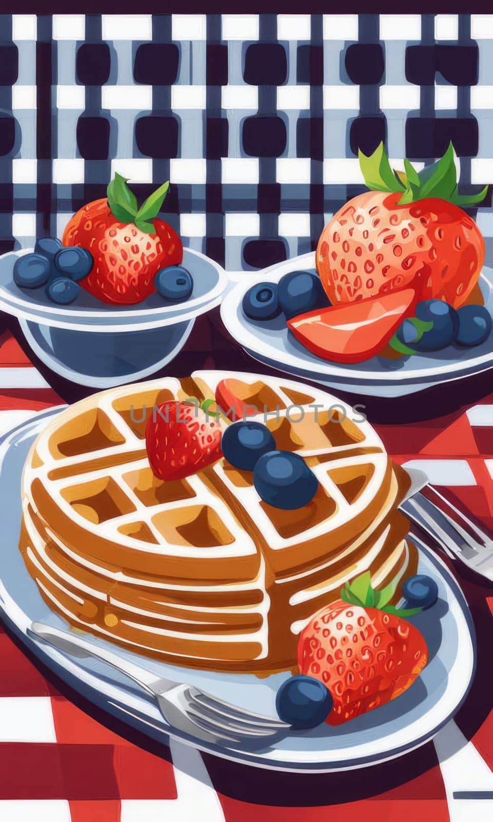 Eye catching illustration of golden waffles piled high with fresh fruit. Blueberries and strawberries bring color, creating an inviting scene great for marketing breakfast items and social media