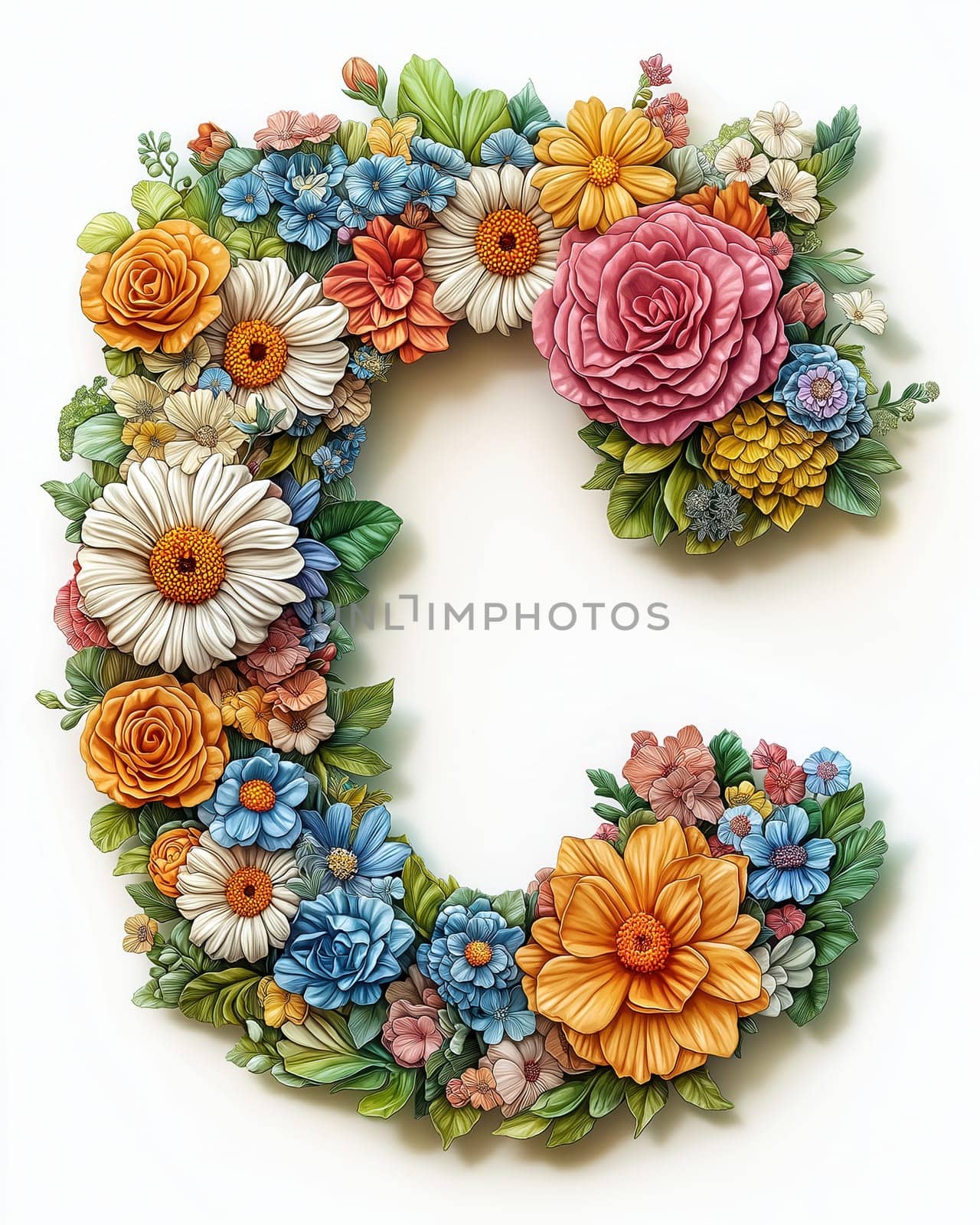 The letter C of colorful flowers on a white background. Selective focus.