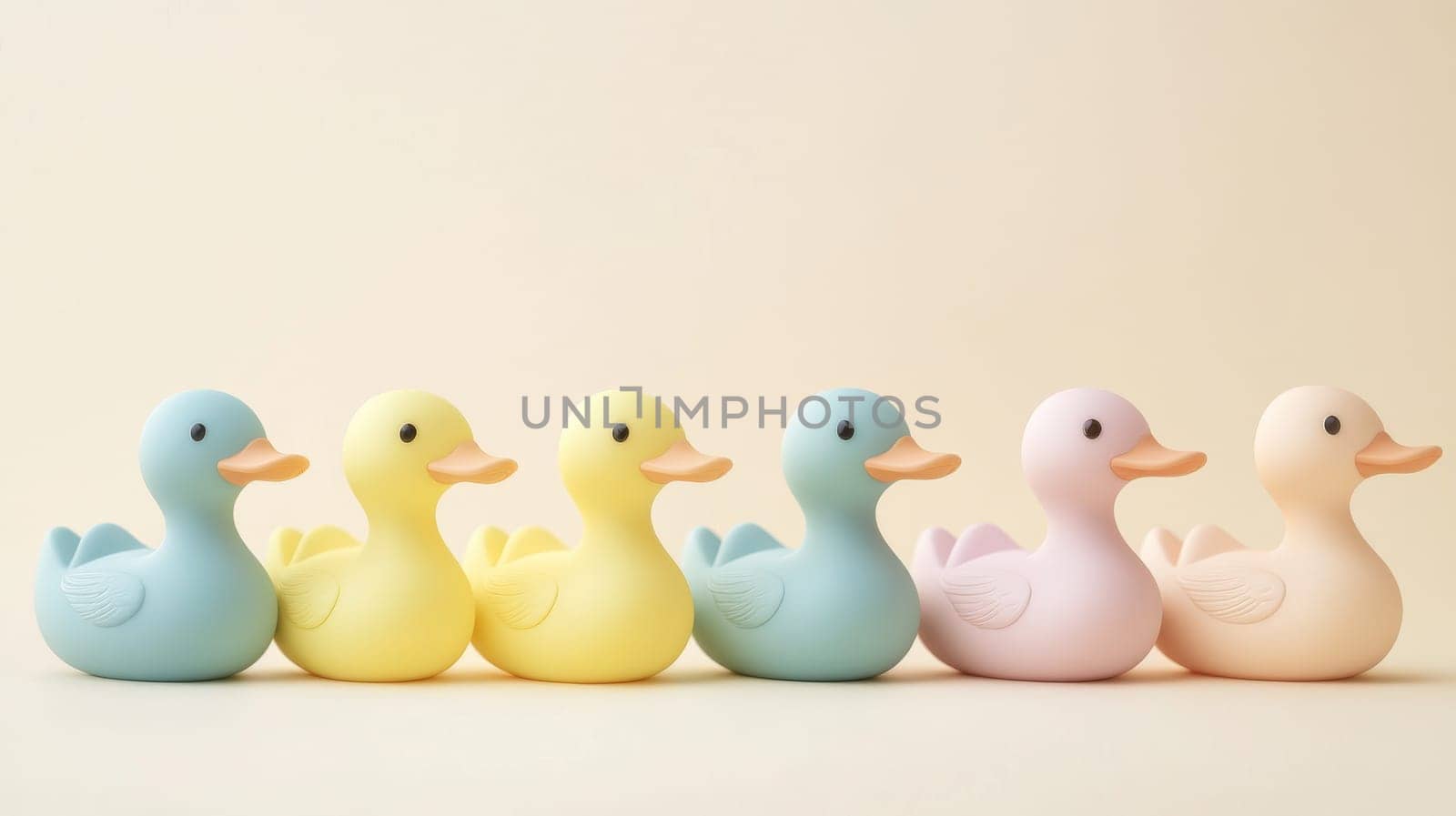 Six colorful pastel rubber ducks following each other in a row over a beige background