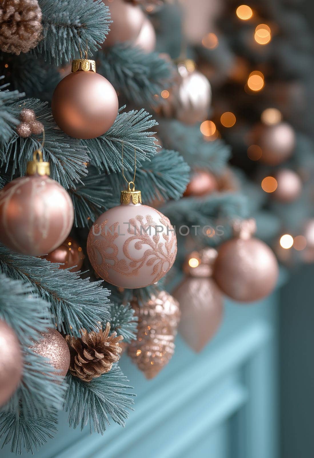 Christmas card in pastel pink. Selective focus.