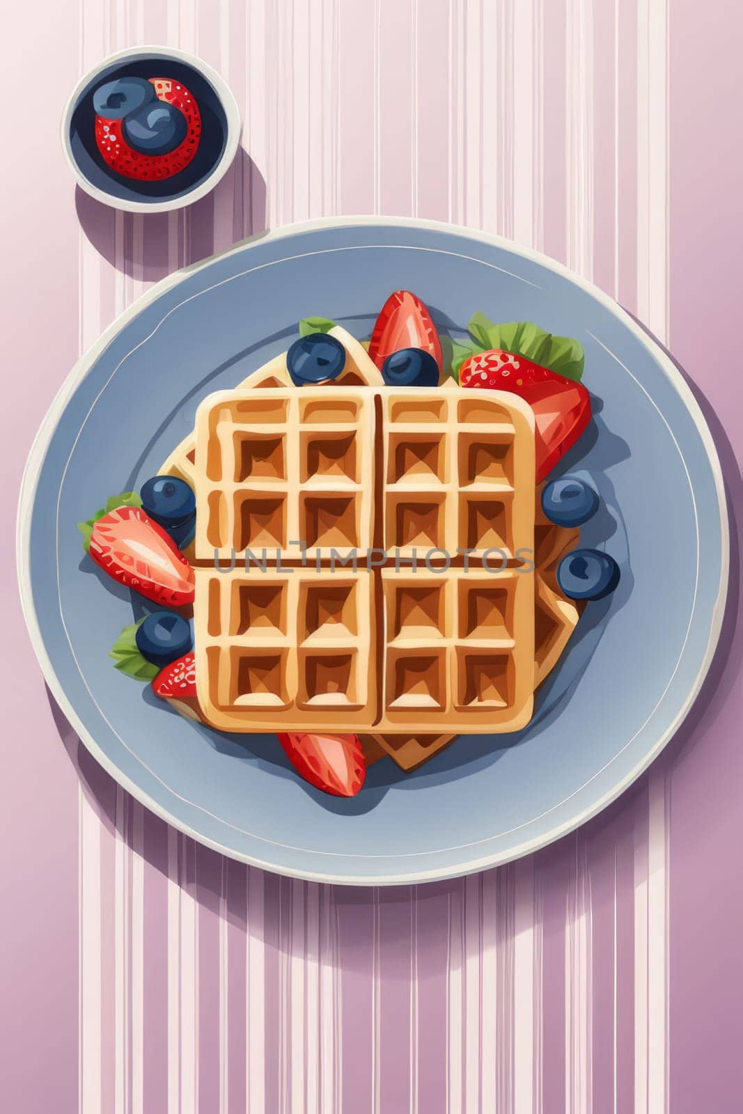 Vibrant illustration of golden waffles topped with fresh strawberries and blueberries. Drizzled with sweet syrup, this colorful plate creates an inviting breakfast scene perfect for culinary content