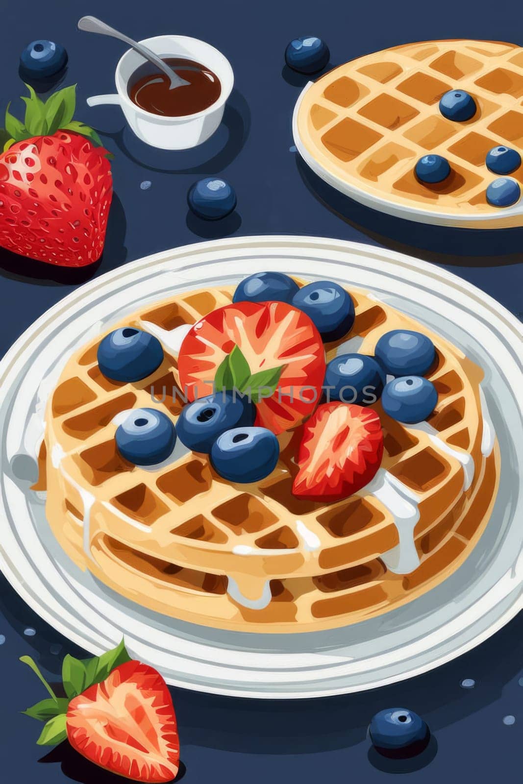 Delightful illustration of waffles with colorful strawberries and blueberries. Inviting presentation captures warmth and comfort, perfect for promoting breakfast ideas and engaging food content