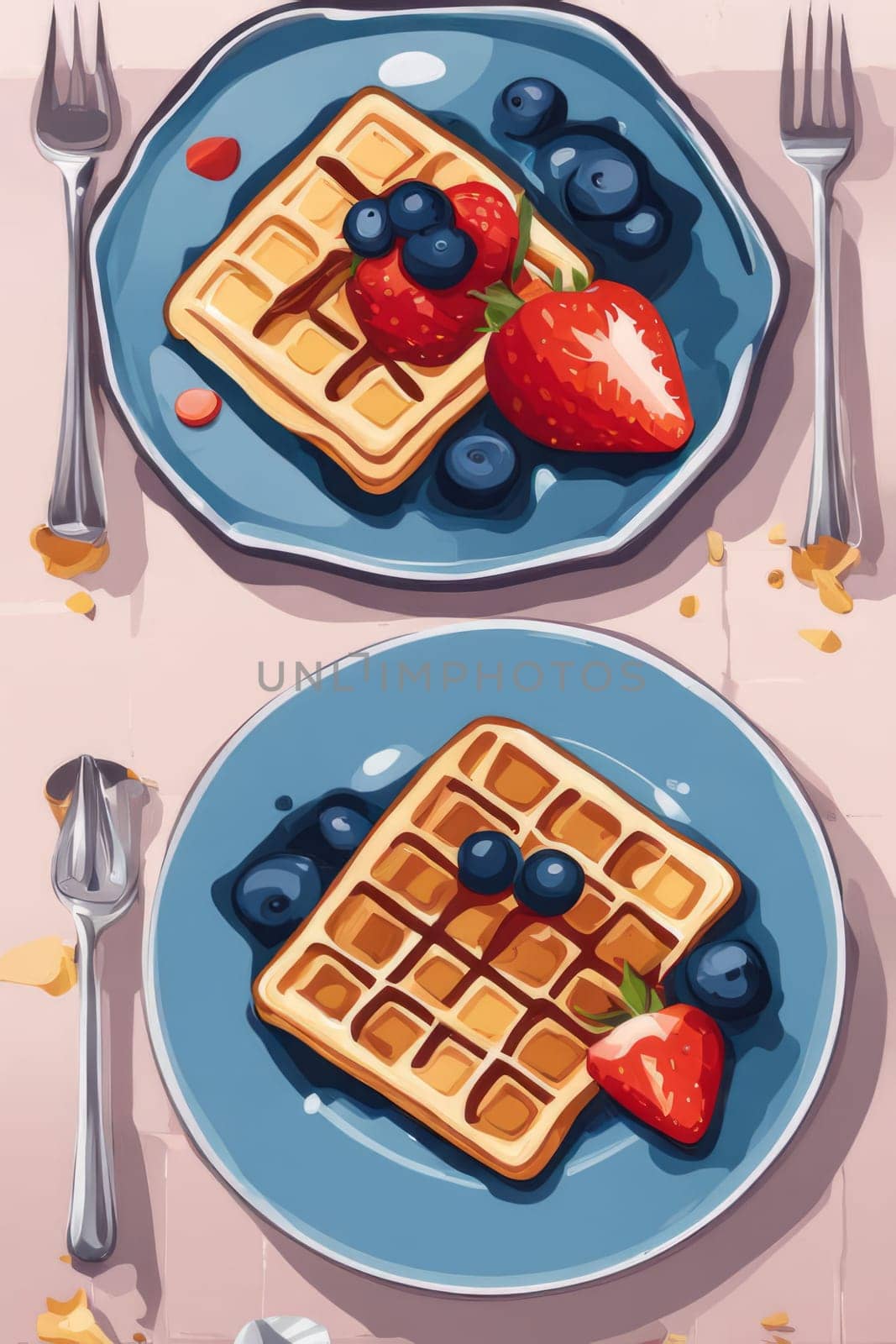 Charming illustration showcasing waffles topped with strawberries and blueberries. Sweet syrup creates a mouthwatering presentation, perfect for brunch promotions and culinary advertisements