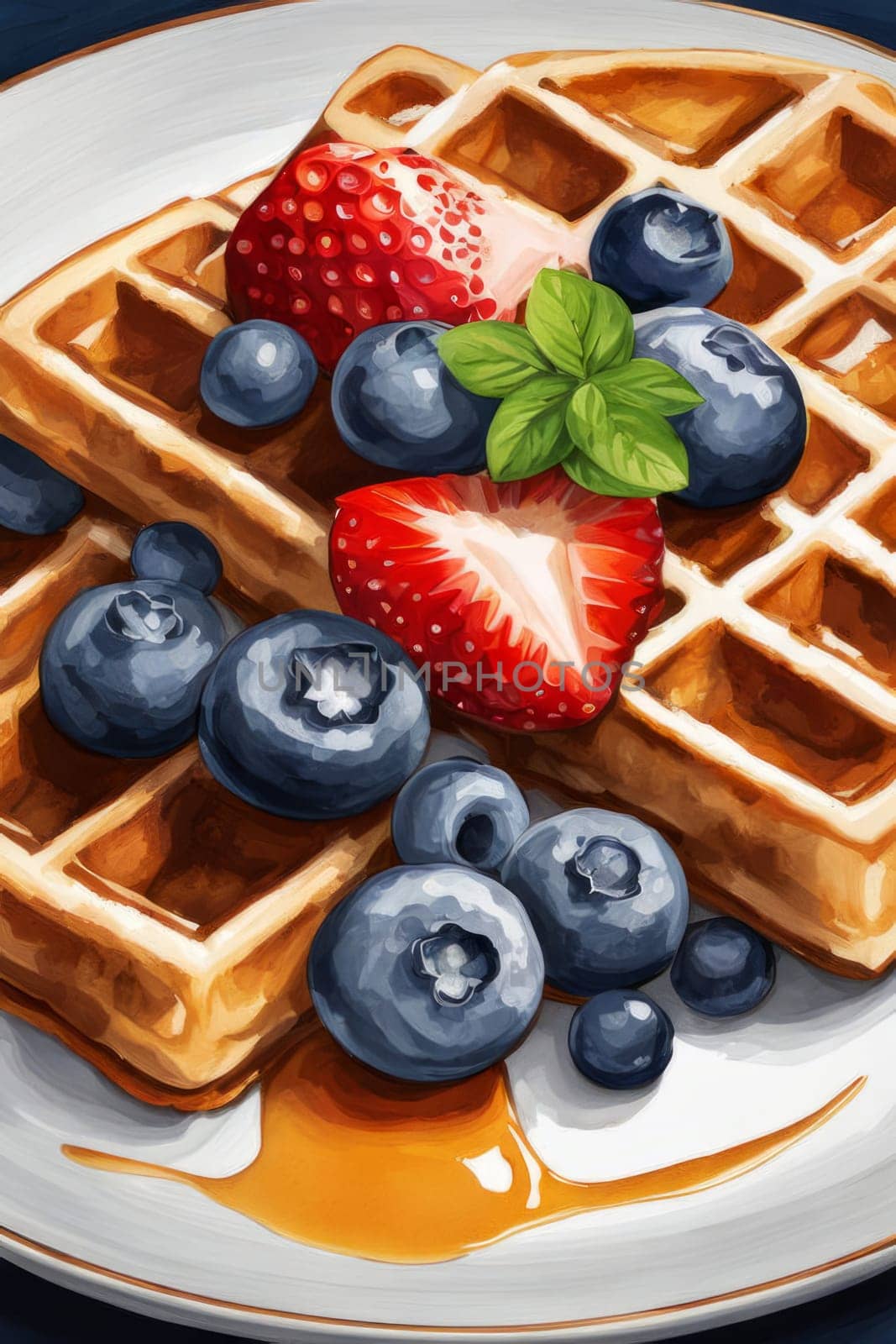 Vibrant illustration of golden waffles topped with fresh strawberries and blueberries. Drizzled with sweet syrup, this colorful plate creates an inviting breakfast scene perfect for culinary content