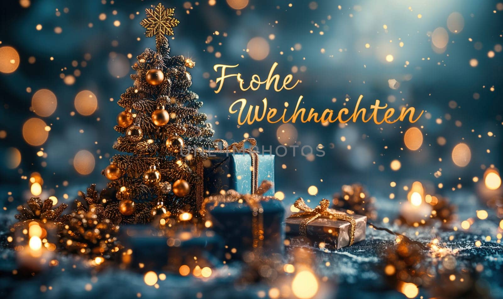 Christmas greeting card with blue background. Selective focus.