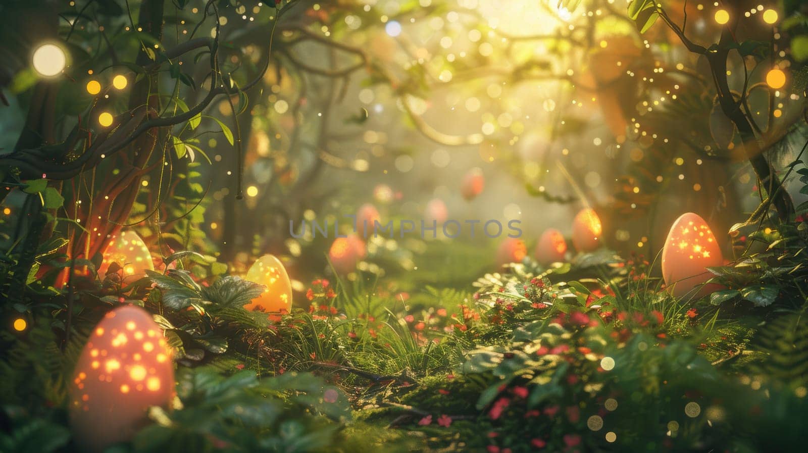 Hidden garden scene with oversized, glowing easter eggs nestled among vibrant foliage. soft twilight and sparkling lights create a magical atmosphere, perfect for festive designs, cards, posters, or digital backgrounds celebrating easter.