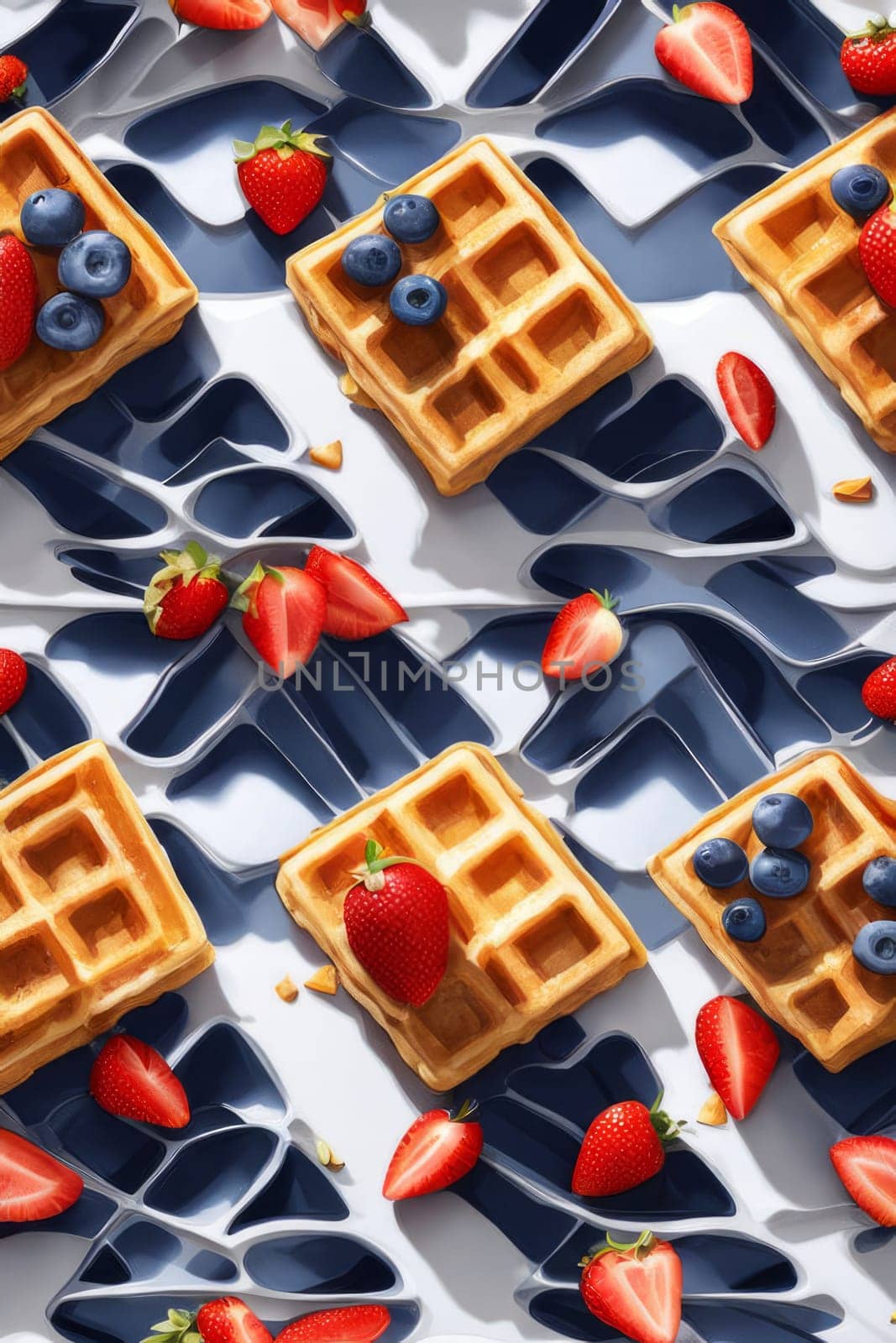 Eye catching illustration of golden waffles piled high with fresh fruit. Blueberries and strawberries bring color, creating an inviting scene great for marketing breakfast items and social media
