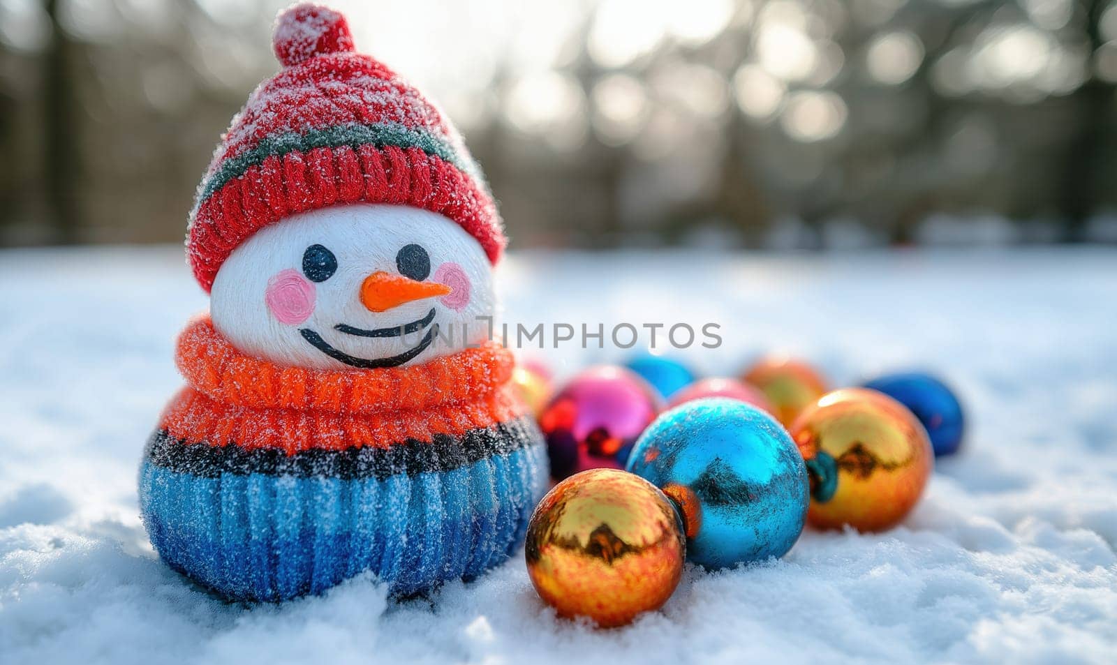 Creative snowman on a winter snowy background. Selective focus.