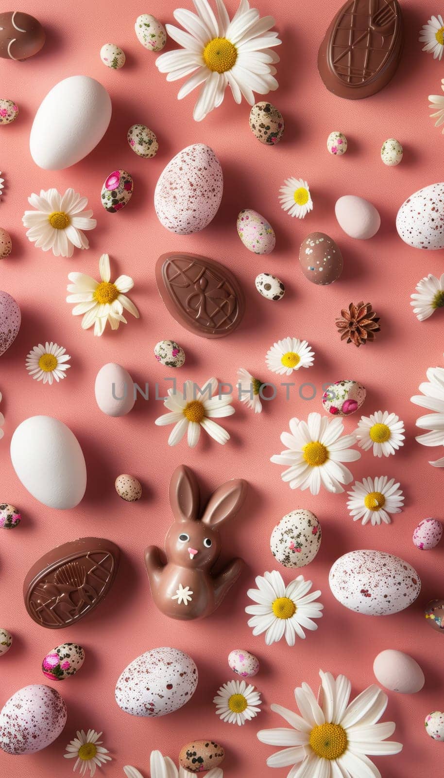 A flat lay of a blank easter greeting card surrounded by pastel-colored eggs, chocolate bunnies, and daisies. perfect for adding personalized messages, it combines traditional easter symbols with a modern touch on a pink backdrop.