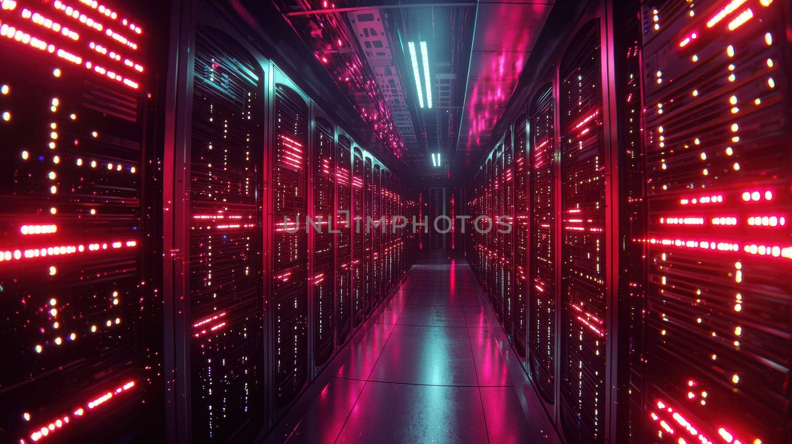 A cinematic view showcasing a futuristic corridor in a data center. rows of servers emitting vibrant lights create a dynamic ambiance. the advanced technology and intricate design highlight a world of data and information processing.