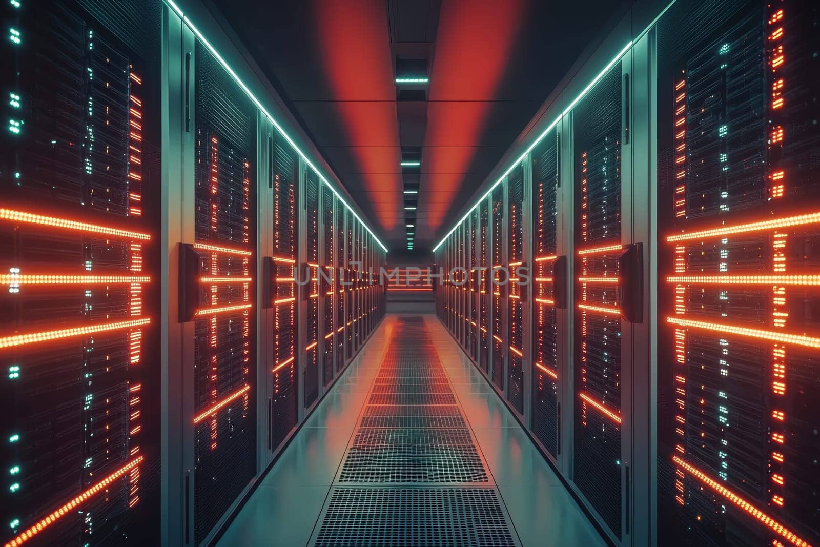 A futuristic view of a data center corridor lined with rows of server racks. vibrant lights from the servers create an engaging visual effect, complemented by cool ambient lighting, embodying advanced technology and digital innovation.