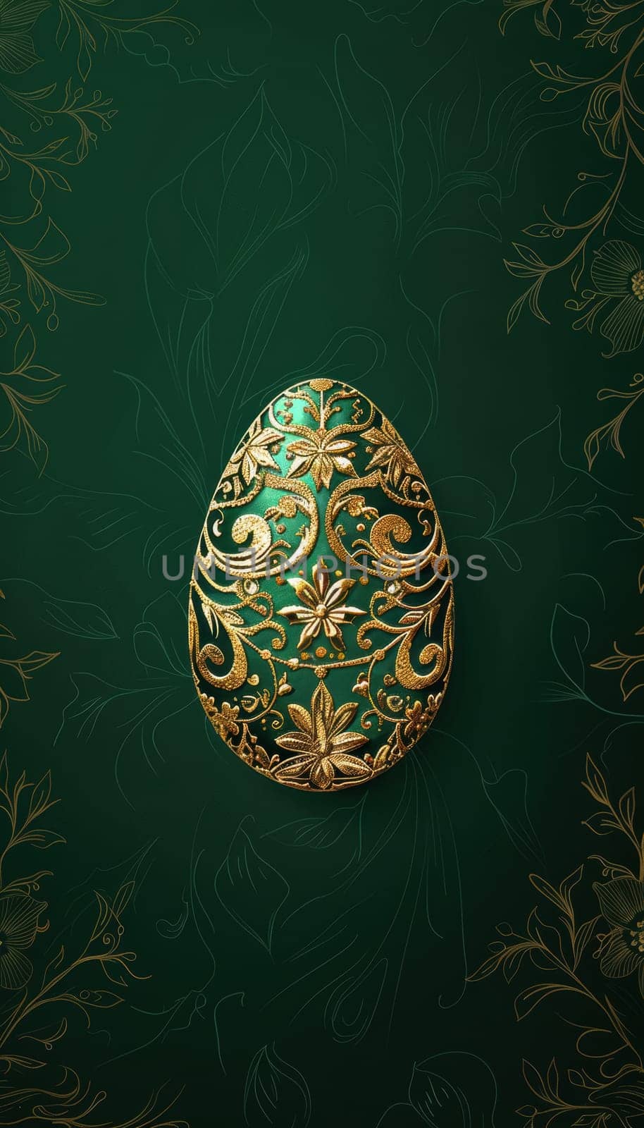 Luxurious easter card design featuring a golden egg with intricate floral patterns on a deep emerald background. the egg's soft illumination enhances the elegant theme, making it ideal for premium invitations and promotional materials.
