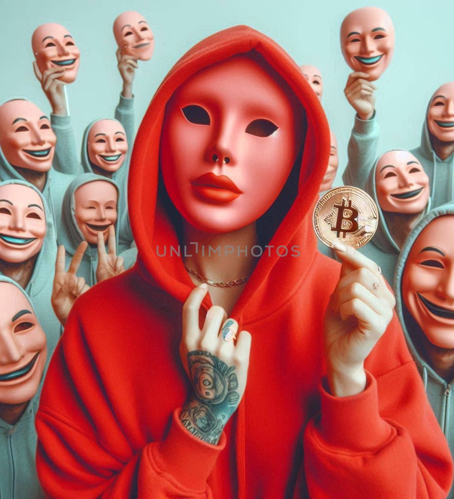 A woman is holding a gold coin with the letter B on it. The woman is wearing a red hoodie and surrounded by many other people. The people in the background are all smiling, creating a happy