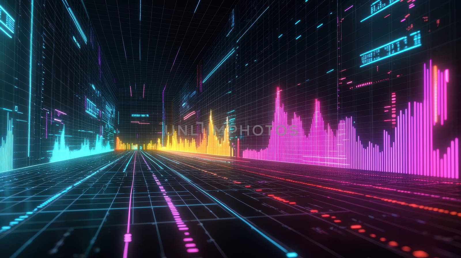 Dynamic 3d line graph displaying the global increase in renewable energy from 2010 to 2023. neon lines in vibrant hues stand out against a dark background, creating a modern and futuristic visual representation suitable for presentations.