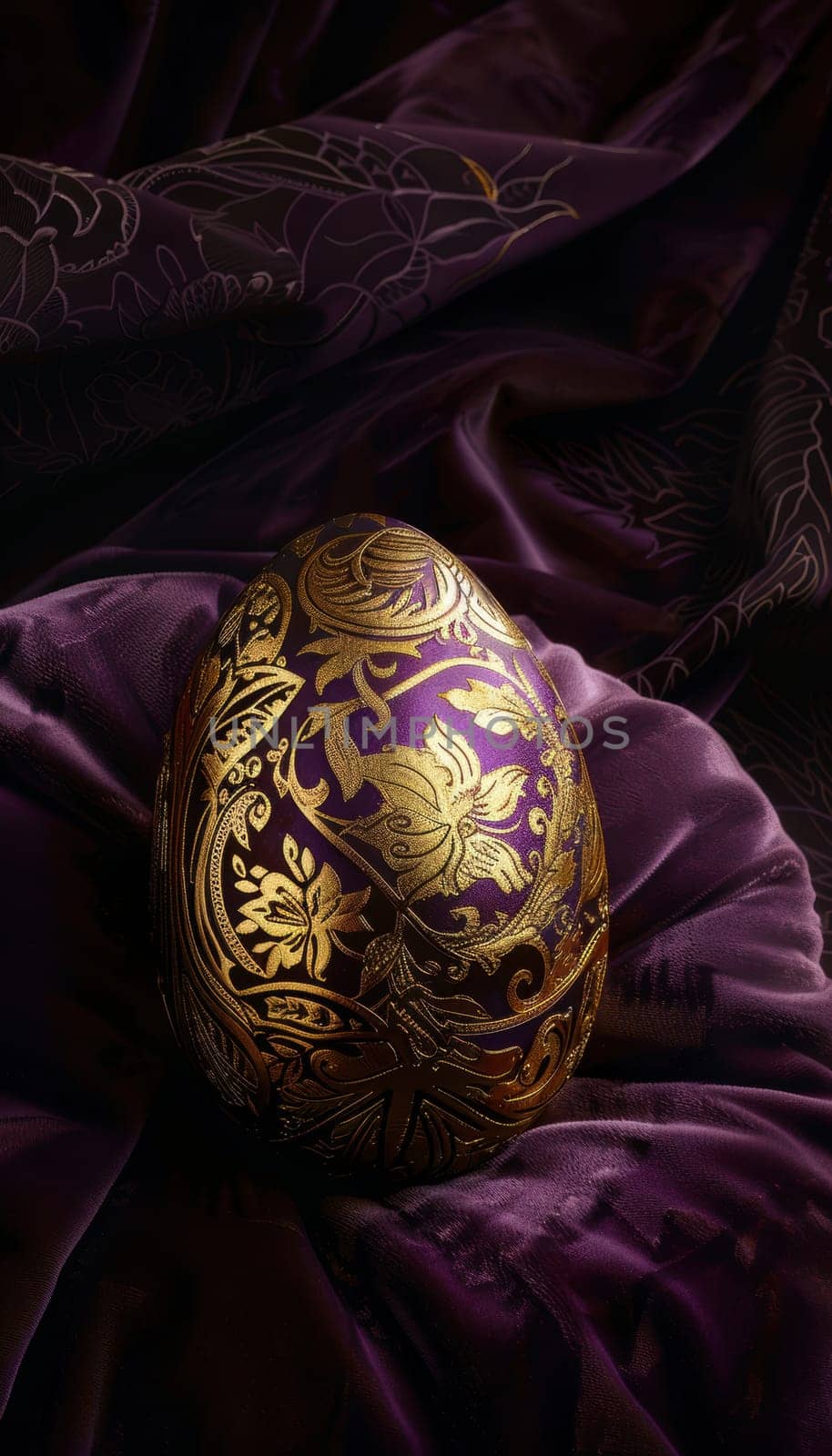 Luxurious golden egg with intricate floral patterns elegantly rests on a deep purple velvet surface, embodying sophistication and easter celebration. soft, ambient lighting enhances the ornate details and rich textures.