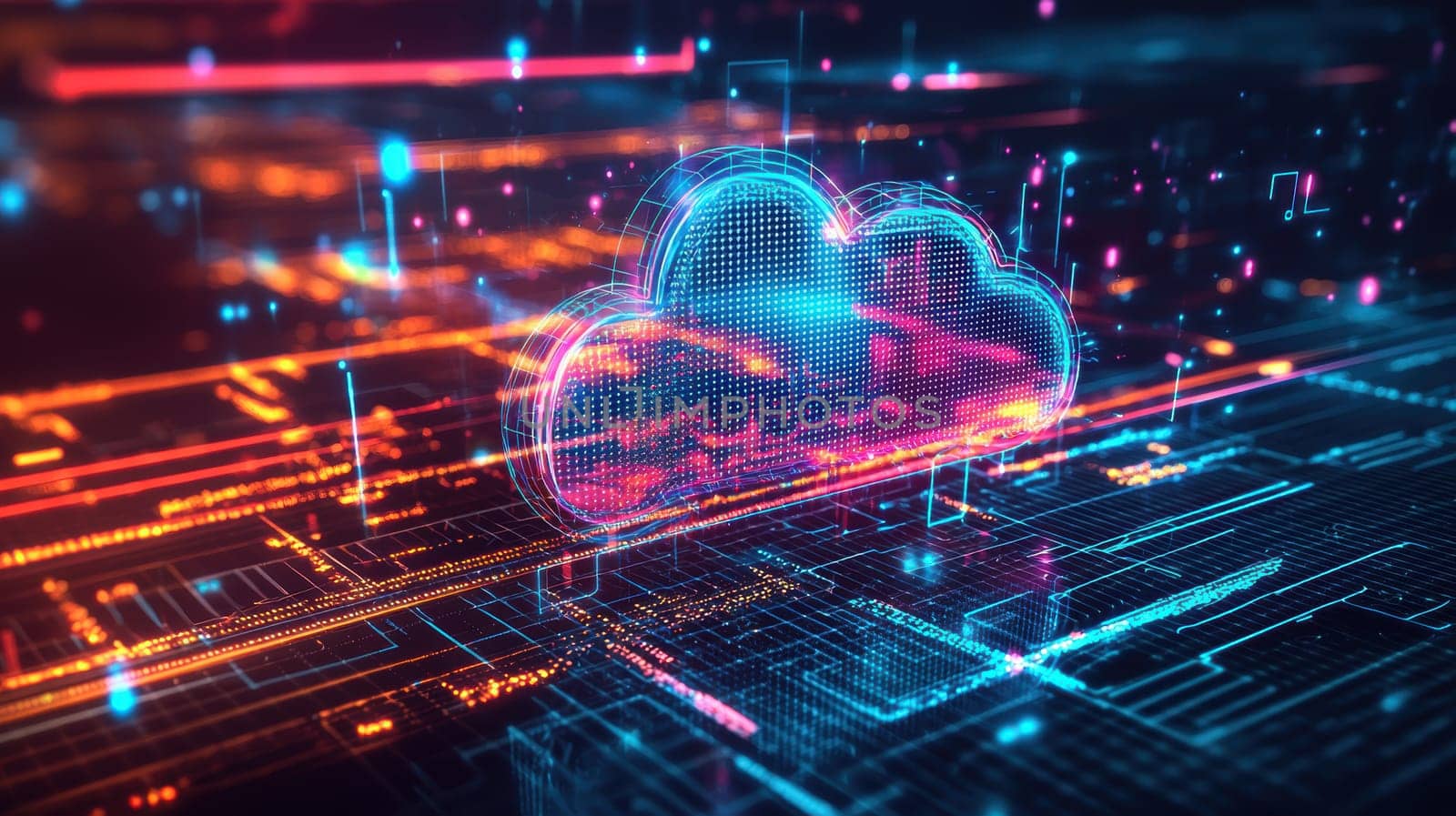 Neon-lined 3d graph depicting the rise of global cloud computing from 2015 to 2024. set against a dark digital interface, it features dynamic neon colors and flowing data lines, emphasizing technological advancement and data trends.
