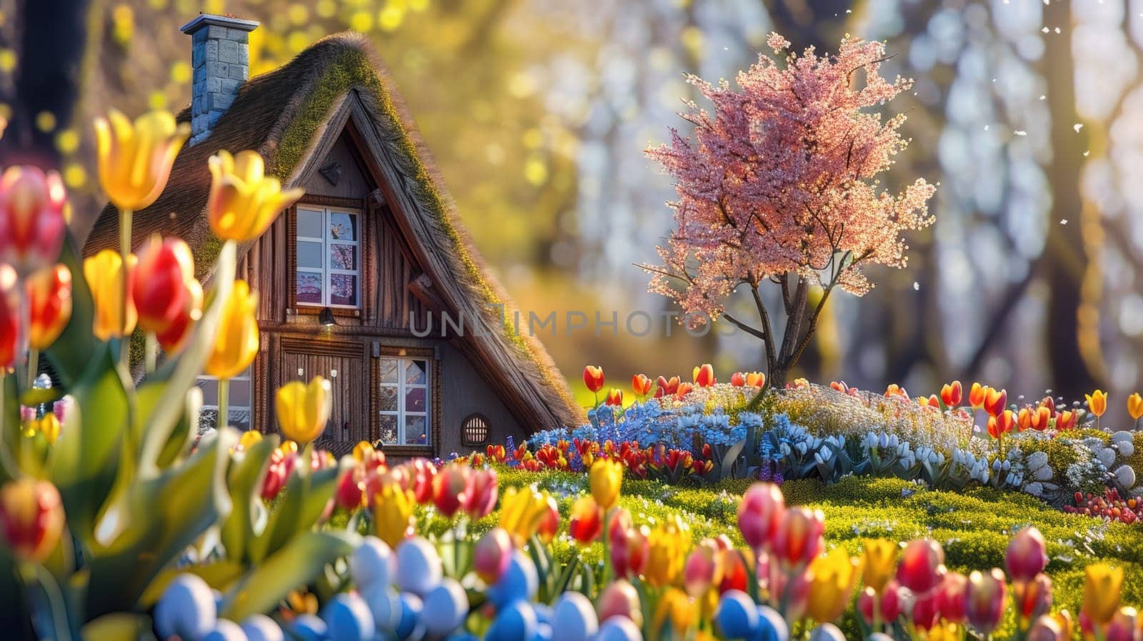 Cozy cottage with a thatched roof set in a vibrant spring garden. multiple colorful tulips and easter eggs are scattered throughout, with a cherry blossom tree adding a gentle touch of nature's beauty, perfect for holiday-themed prints.