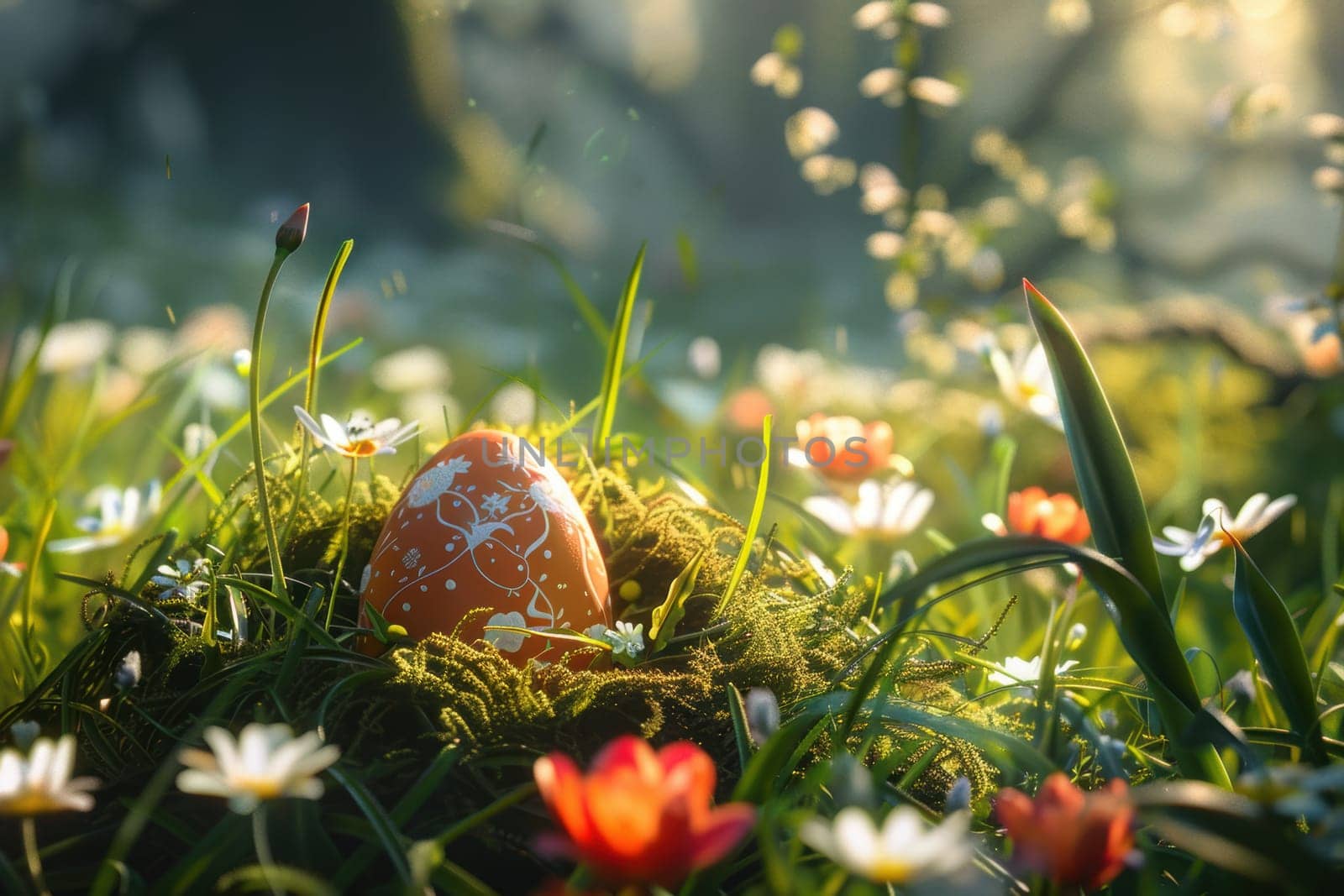 Photorealistic close-up of a decorated easter egg set in a nest amidst fresh green grass, surrounded by blooming daisies and tulips, bathed in natural spring sunlight. perfect for seasonal designs, greeting cards, and holiday decor.