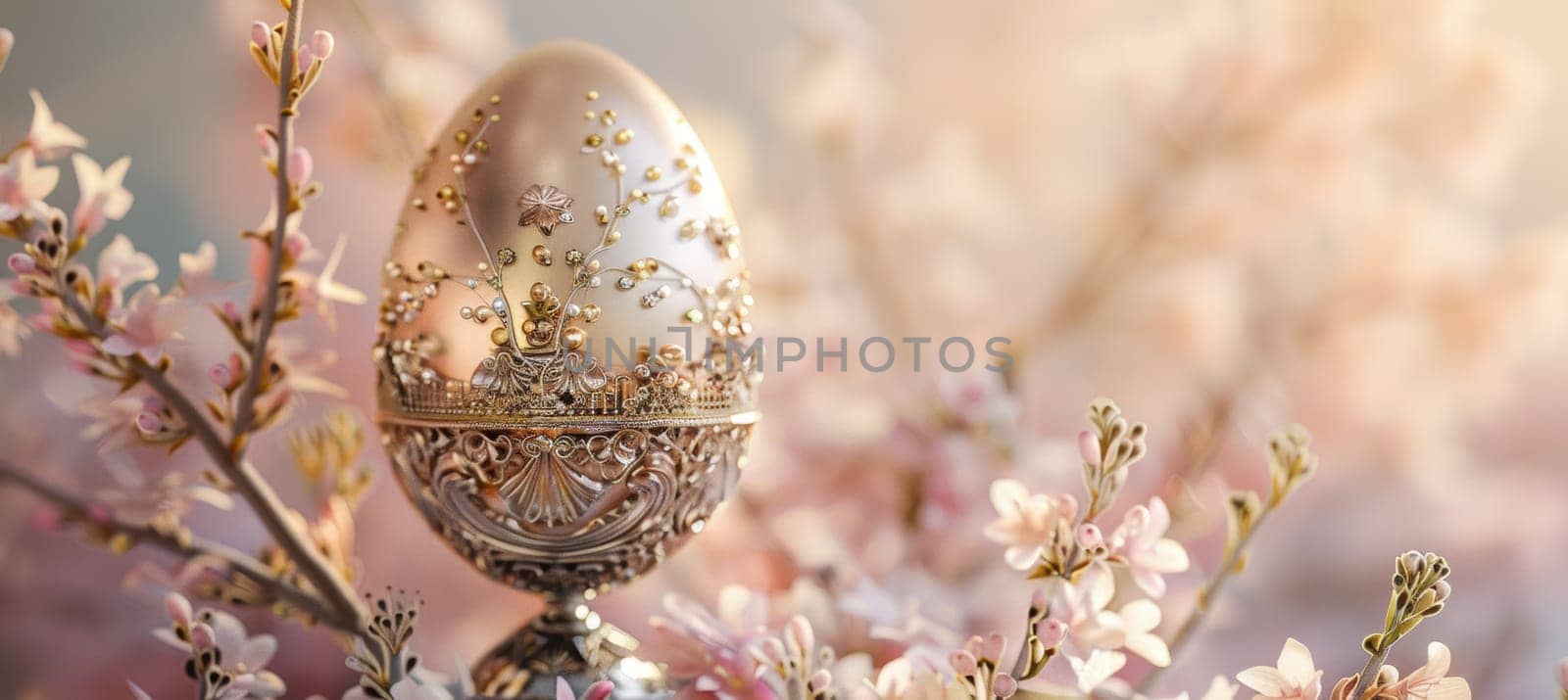 Luxurious easter egg intricately detailed with gold on a polished silver stand. surrounded by delicate flowers, the setting is enhanced by a soft pastel gradient background, creating a sophisticated and elegant holiday decor scene.