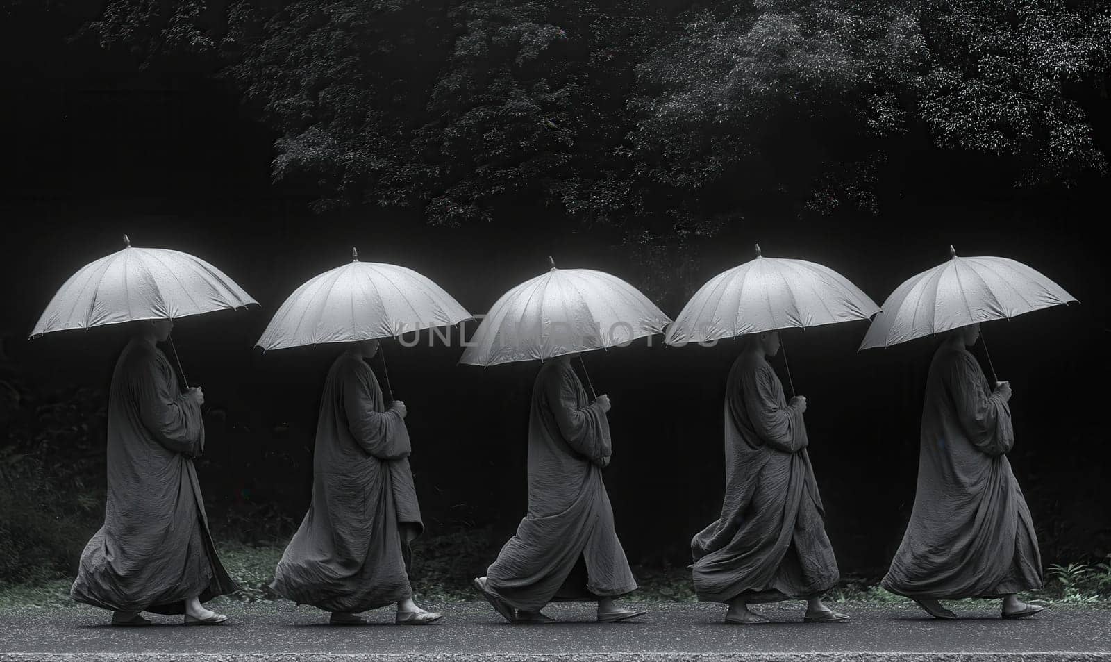 A monochrome painting of monks with umbrellas walking down the street. Selective focus.