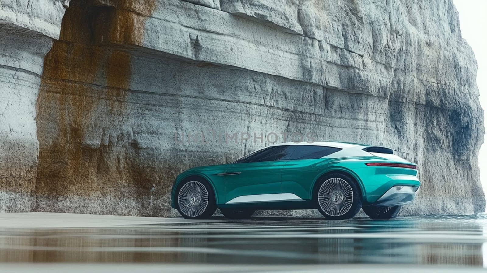 Green electric suv parked on a beach with a cliff backdrop, blending modernity with nature, showcasing sustainable transportation in a scenic setting