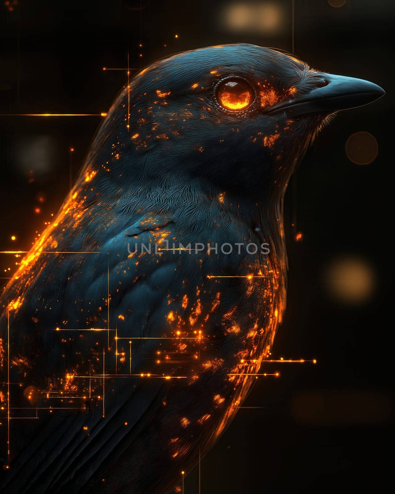 Mystical glowing bird on a black background. Selective focus.