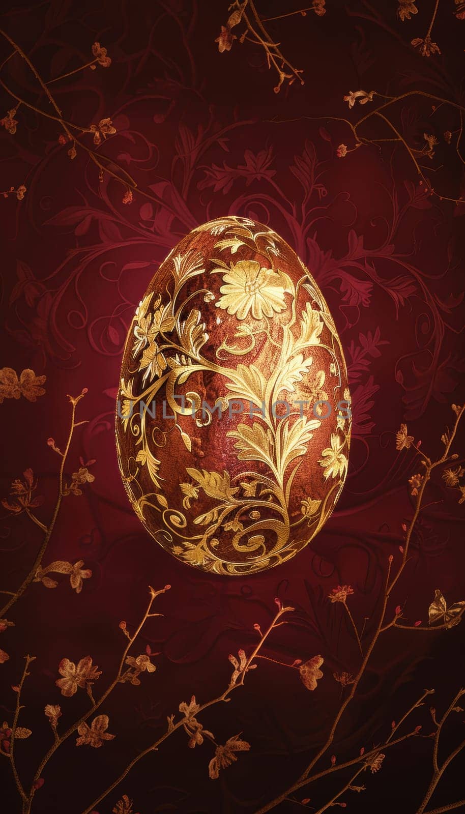 Luxurious easter card design featuring a golden egg with intricate floral engravings against a deep burgundy background. soft lighting accentuates the egg's details, creating a sophisticated and festive atmosphere suitable for holiday greetings.