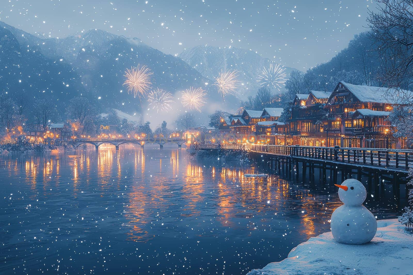 A beautifully picturesque winter scene featuring a snowy landscape adorned with festive lights and a charming snowman