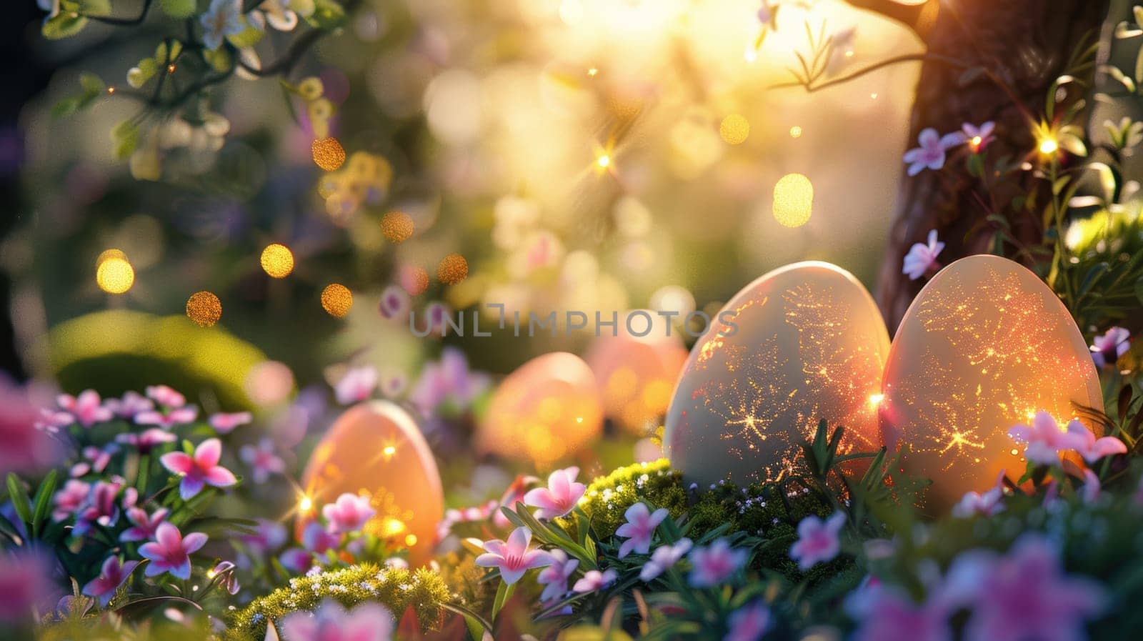 A magical easter garden scene featuring oversized, glowing eggs nestled among lush foliage and vibrant flowers. the warm twilight ambiance and sparkling lights create an enchanting, fairy-tale atmosphere perfect for festive designs.