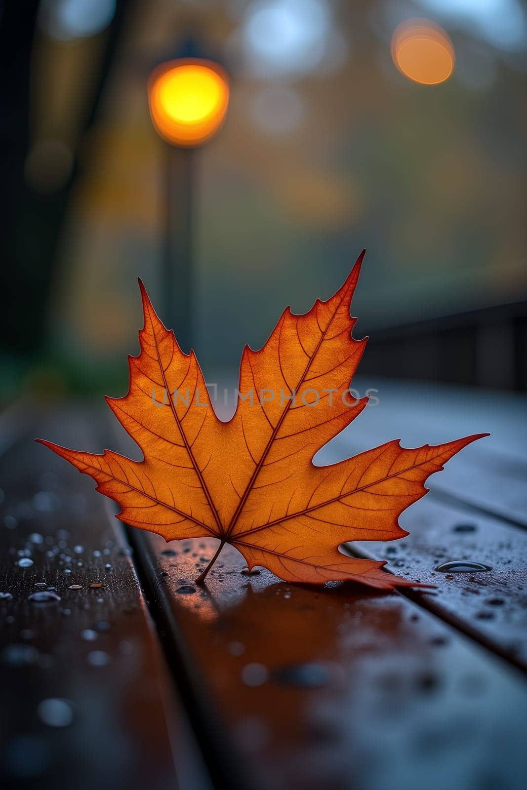 An autumn evening captures a bright orange maple leaf lying on a rain-soaked wooden surface in a peaceful park - Generative AI