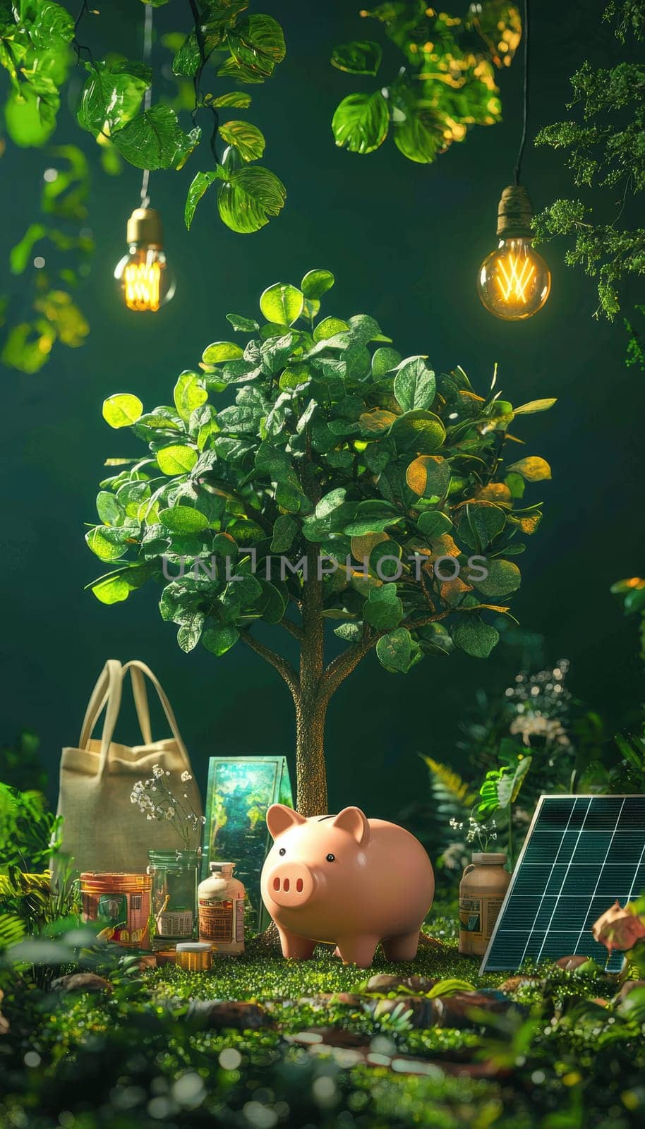 A piggy bank shaped like a tree, adorned with solar panels and surrounded by eco-friendly products. this image symbolizes saving for a sustainable lifestyle, featuring small solar panels, reusable bags, and energy-efficient bulbs.
