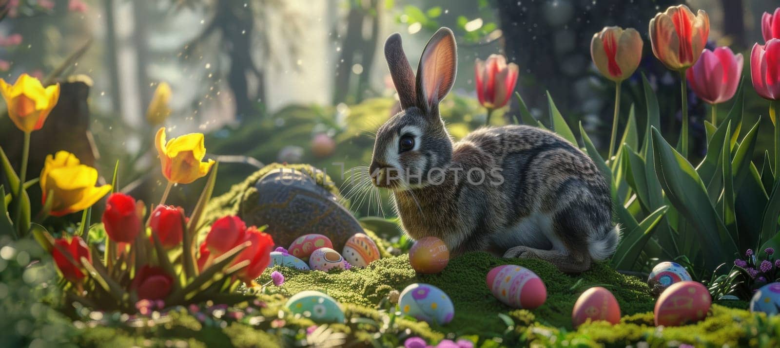 A photorealistic easter scene featuring a charming bunny nestled in a sunlit garden. surrounded by blooming tulips and scattered, colorful easter eggs, the vibrant colors and soft light evoke the joy and freshness of the spring season.