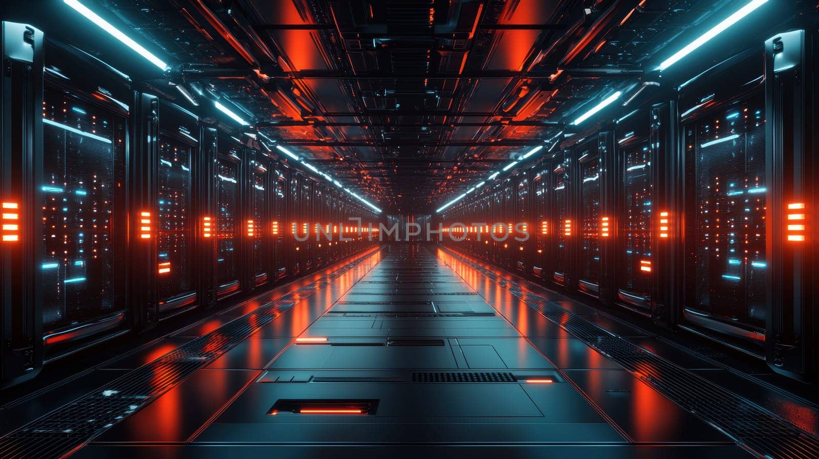 A futuristic data center features rows of sleek, black servers with dynamic flashing lights. the cool-toned lighting enhances the modern atmosphere, creating a high-tech environment ideal for technology and data storage visualization.