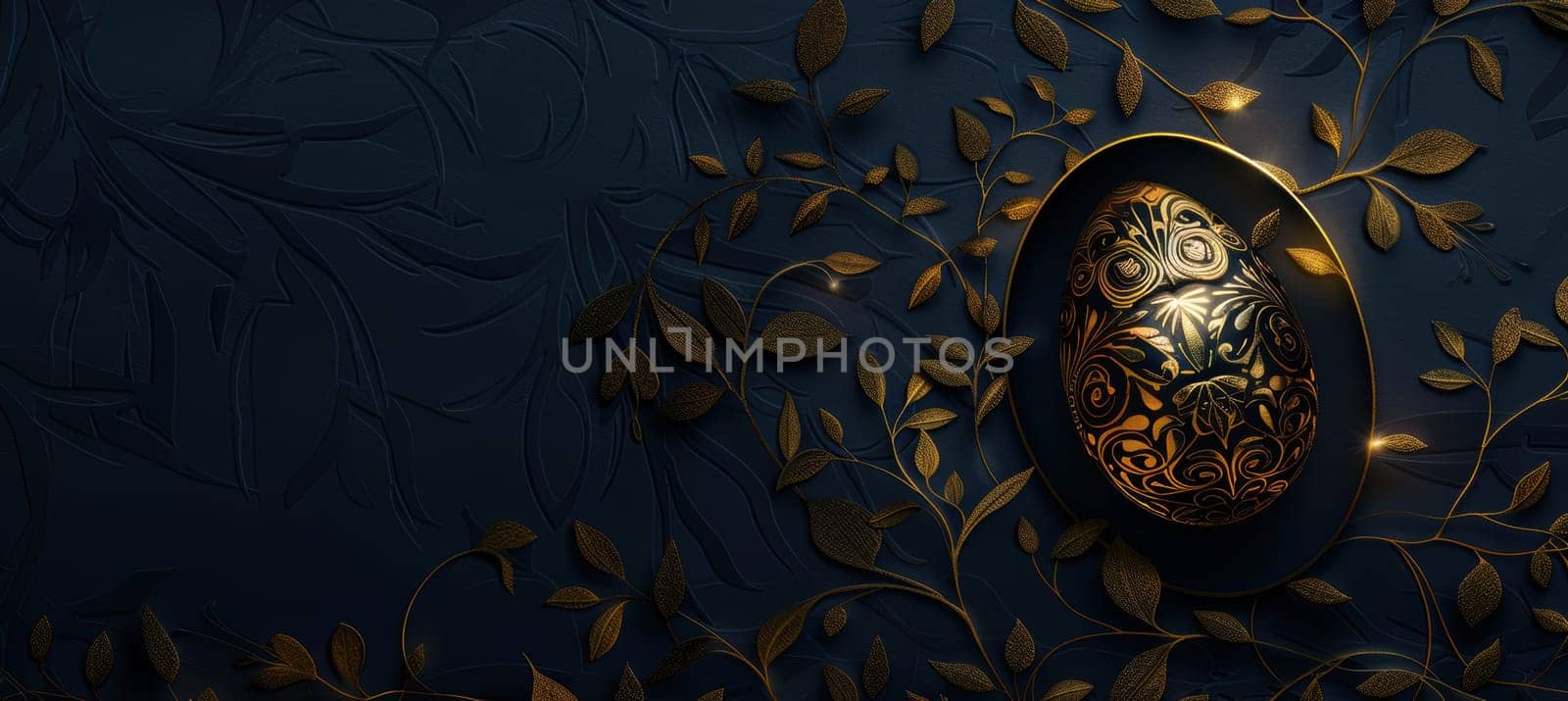 Luxurious easter card design featuring a glowing golden faberge-style egg on a dark navy background. surrounded by intricate gold floral patterns, creating an elegant and sophisticated ambiance ideal for holiday greetings and art prints.