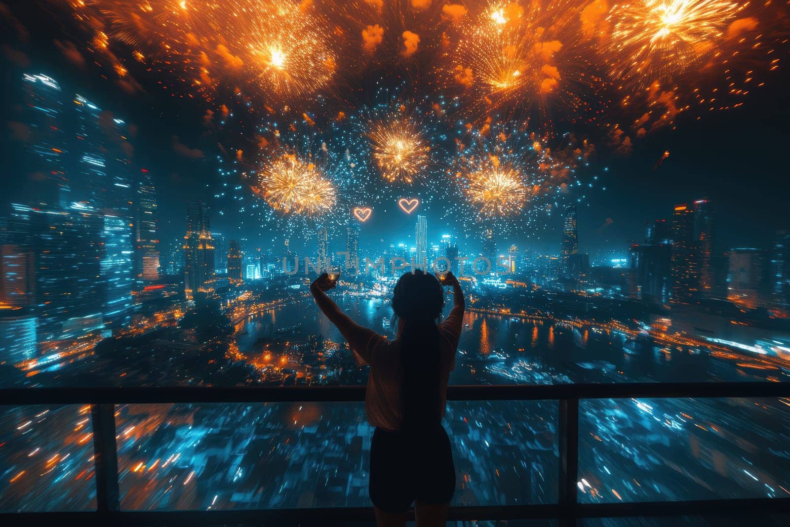 A stunningly beautiful skyline emerges, further enhanced by vibrant fireworks brilliantly lighting up the night sky