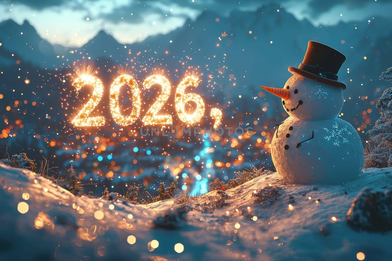 A charming snowman stands surrounded by sparkling lights and snowy mountains, joyfully celebrating 2026