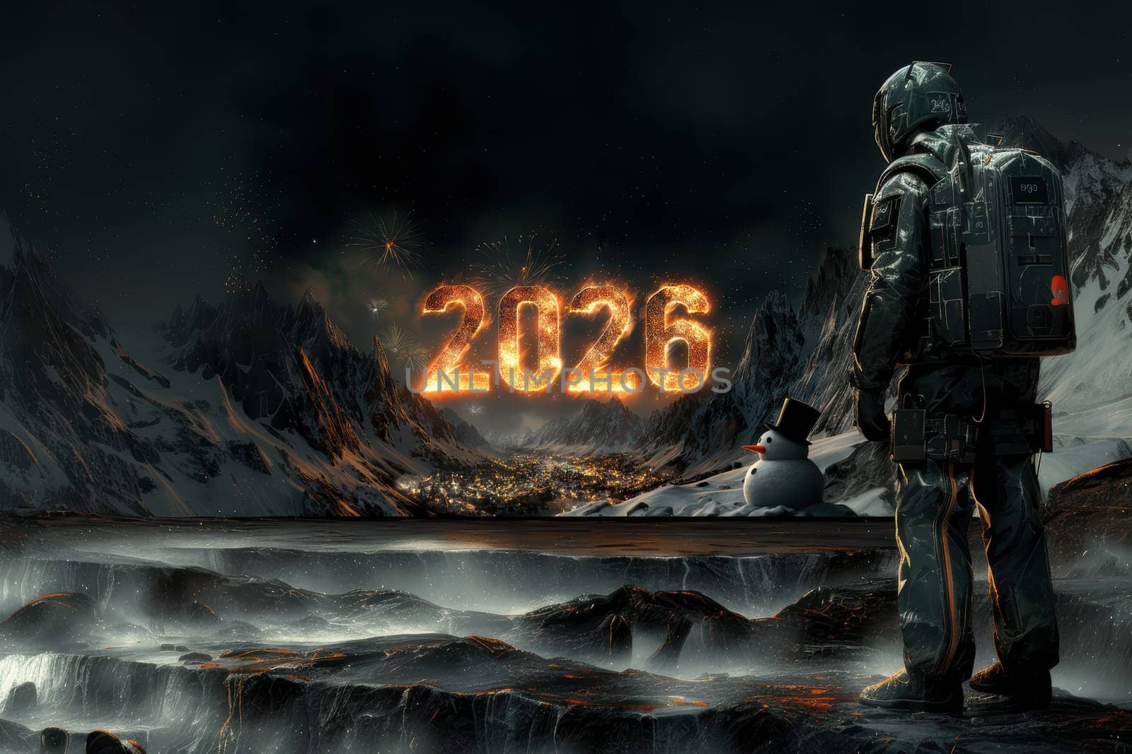 A soldier stands fiercely before the flames of 2026 in a dark, intense, and uncertain dystopian world
