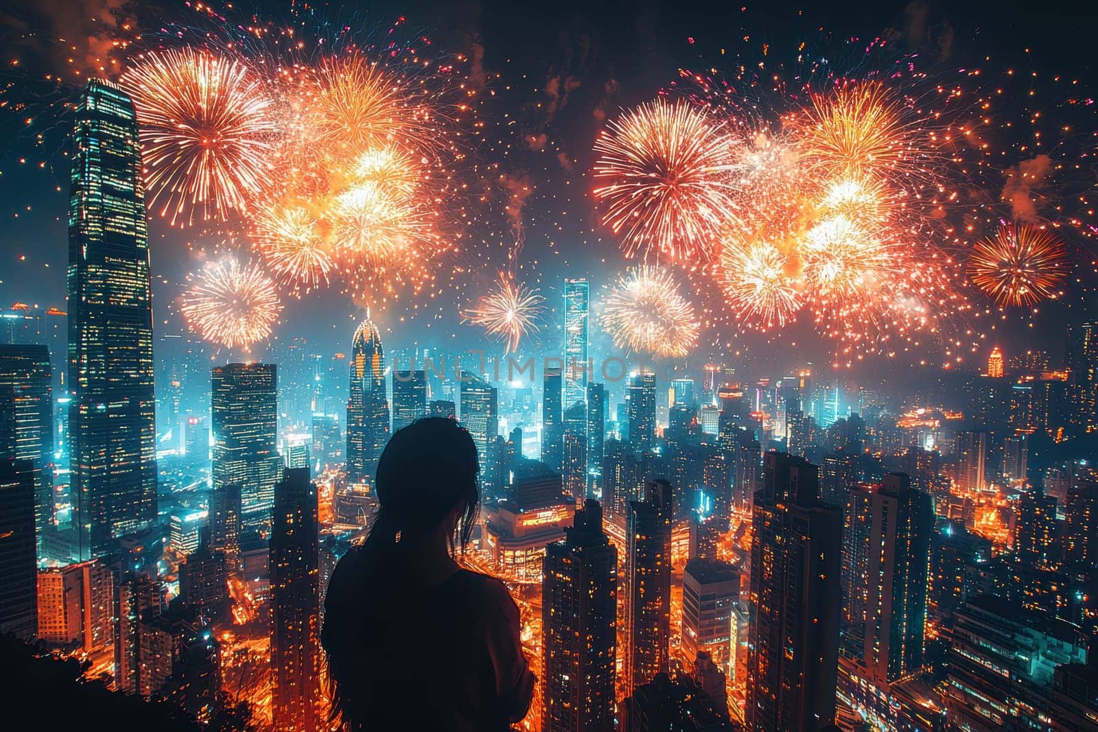 As night falls, the skyline lights up with vibrant fireworks, offering a breathtaking view of colors dancing