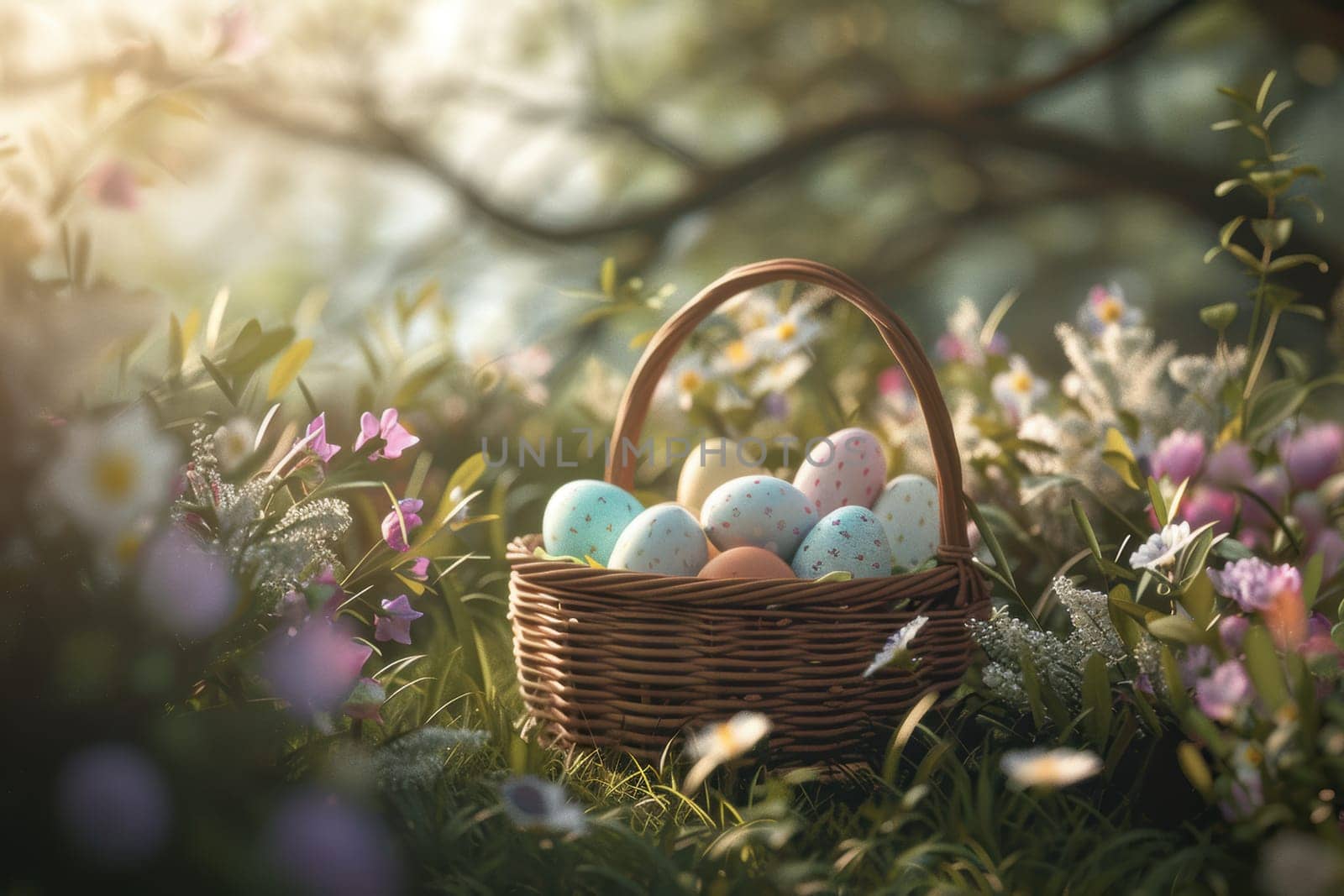 A wicker basket filled with pastel-colored easter eggs nestled among vibrant spring flowers and lush greenery. soft sunlight filters through, enhancing the festive and serene atmosphere of this traditional holiday scene.
