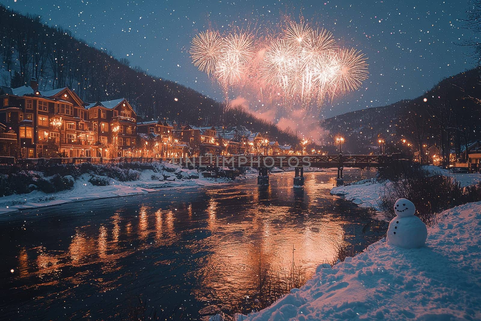 A stunning winter night with fireworks brightening a snowy landscape and reflecting on a calm river