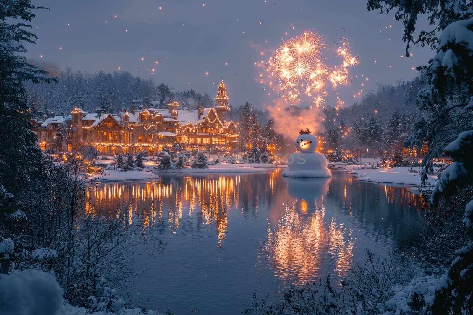 A serene winter evening featuring a picturesque lake, snow-covered landscape, and vibrant fireworks.
