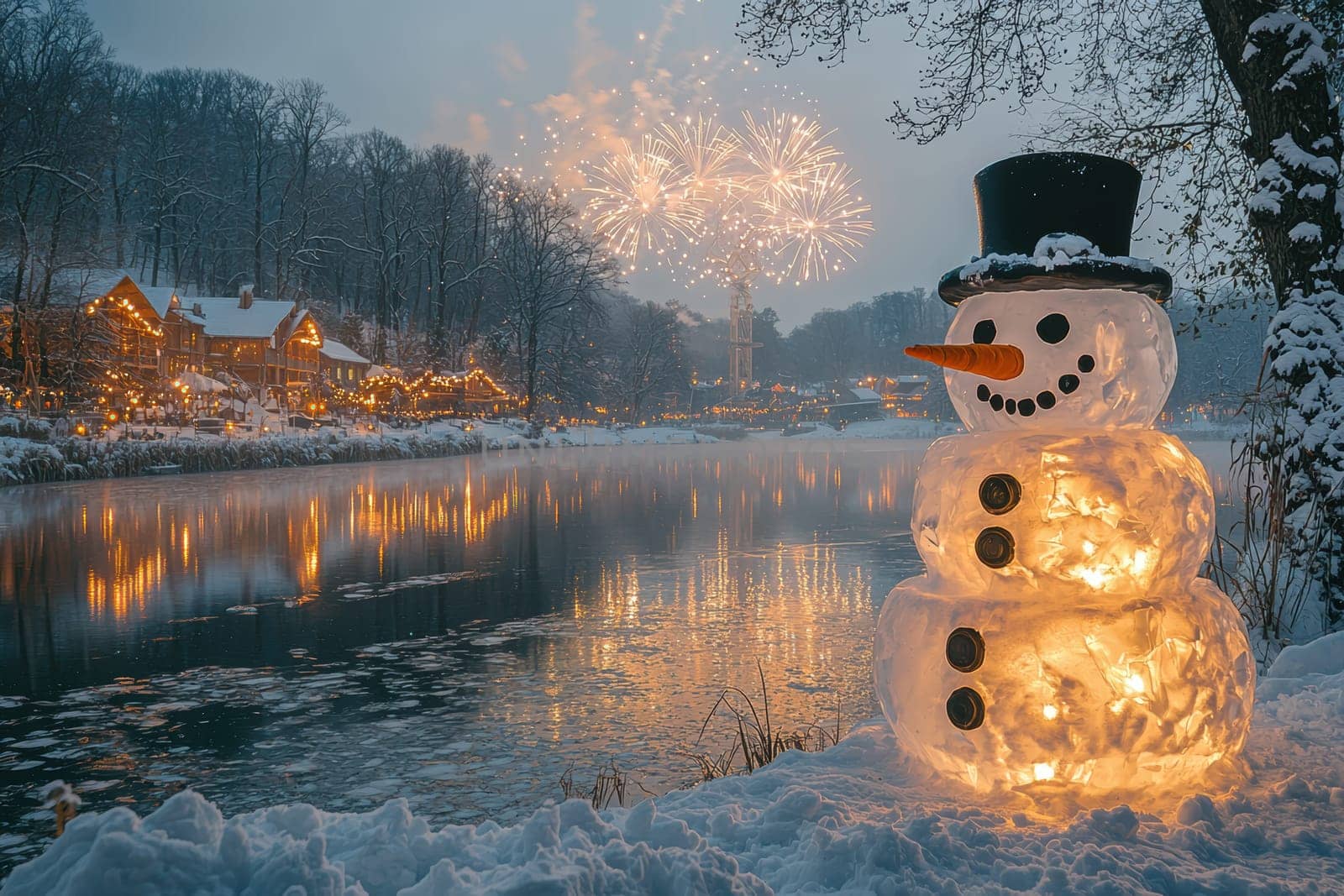 A vibrant snowman with colorful lights stands by a tranquil river, joyfully celebrating winter festivities