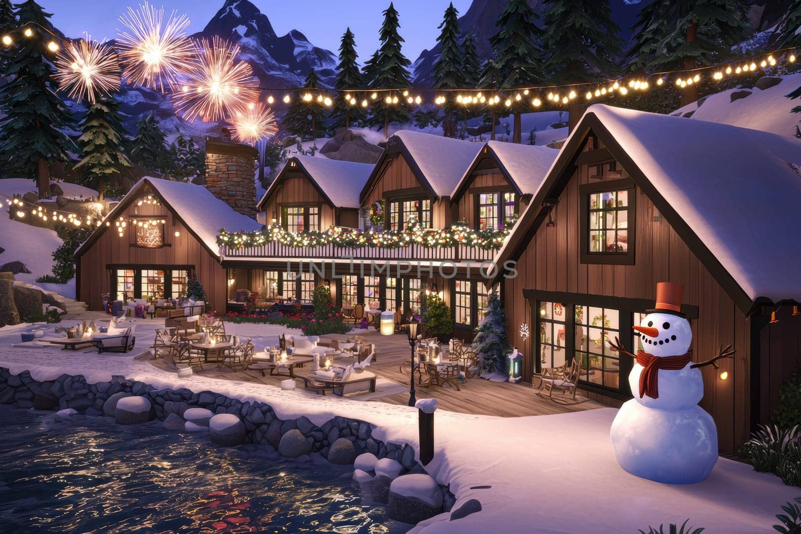 A charming winter scene invites you to enjoy holiday decorations, gentle snowfall, and fireworks near a warm cozy cabin