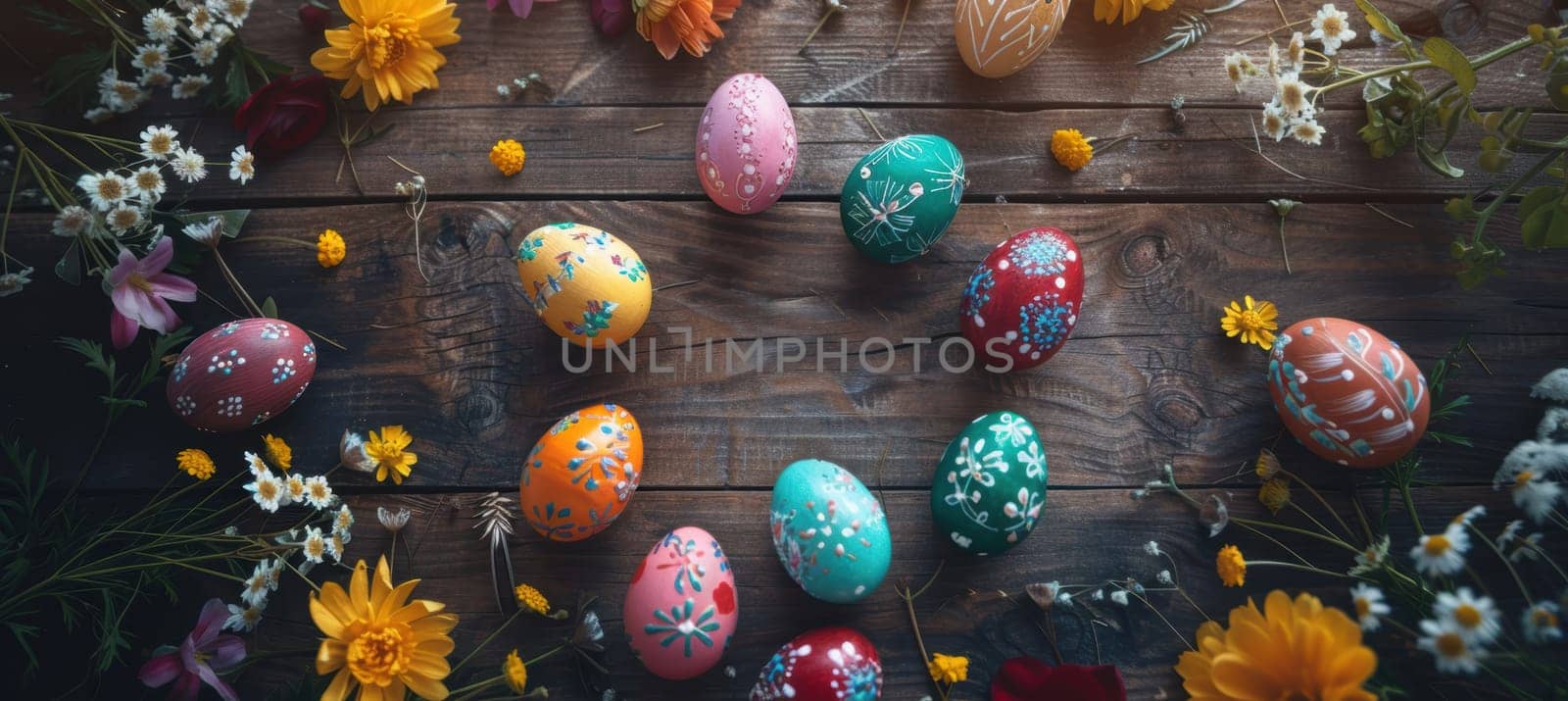 Flat lay arrangement of vibrantly painted easter eggs forming a circle on a rustic wooden surface, surrounded by scattered spring flowers. the central space offers room for text, making it ideal for seasonal greetings or decorative purposes.