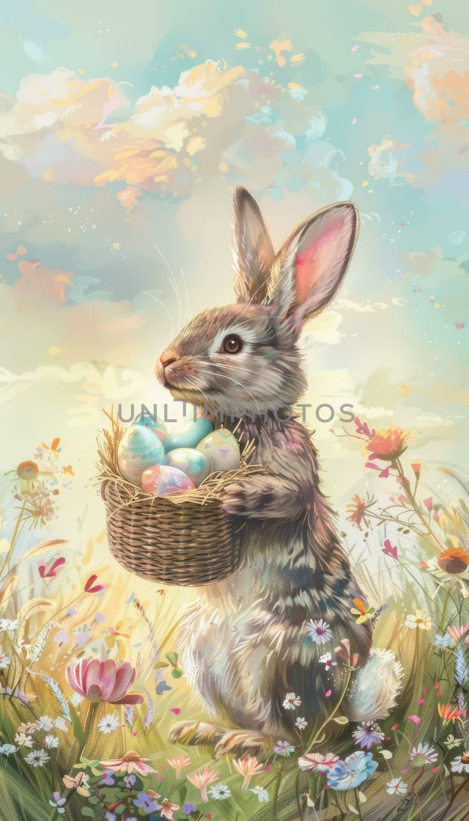A delightful easter card showcasing a hand-drawn bunny holding a basket of colorful eggs amidst a field of wildflowers. soft pastel skies with delicate clouds enhance the peaceful springtime atmosphere, making it ideal for festive greetings.