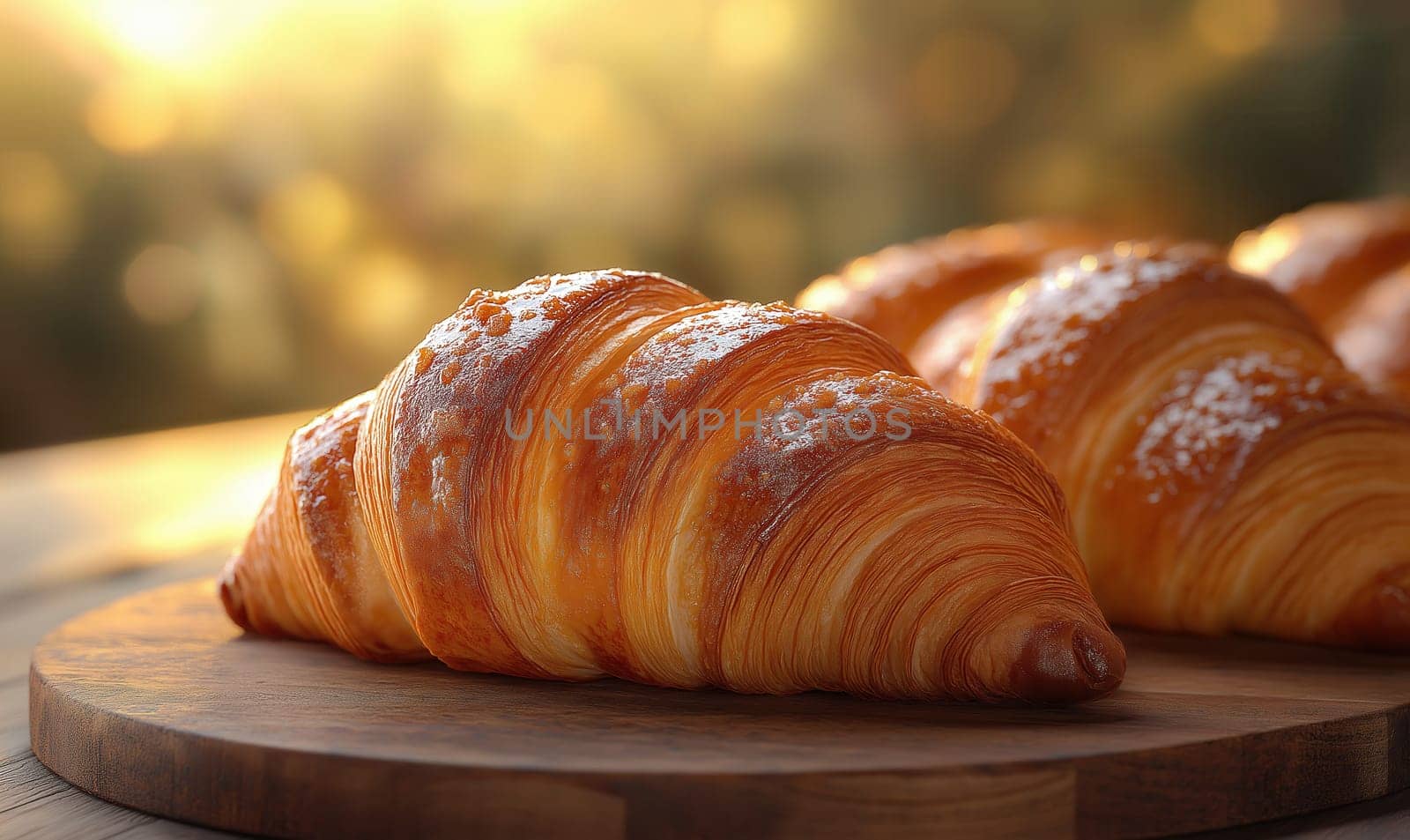 Fresh pastries on the table, golden croissants. Selective focus.