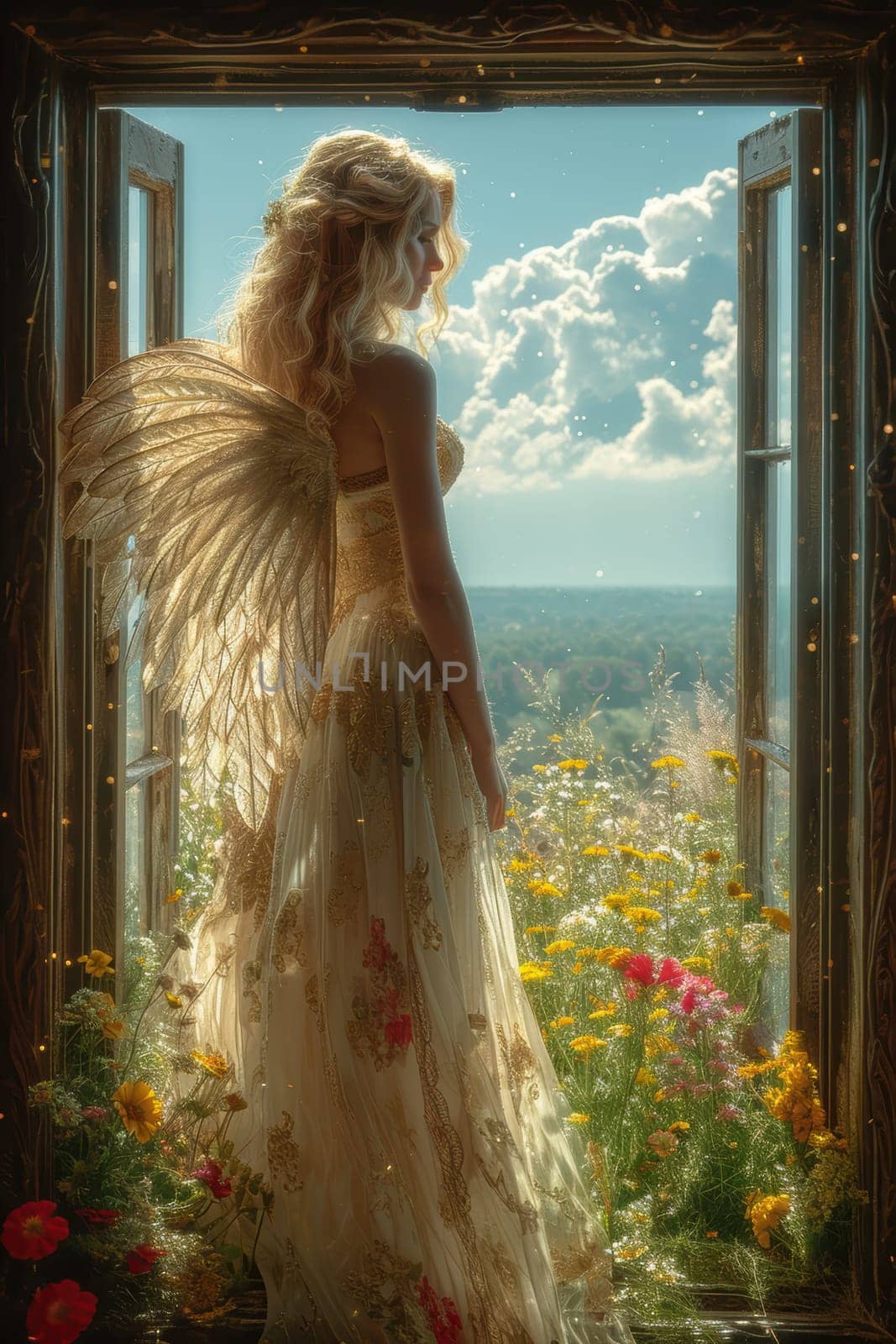 A serene fairy figure with wings stands by an open window, surrounded by vibrant flowers and nature.