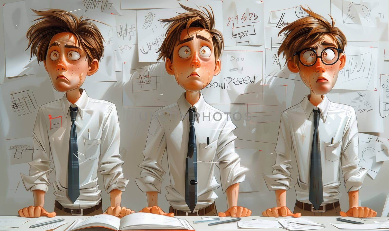 Caricature of tired office worker man in white shirt. Selective focus.