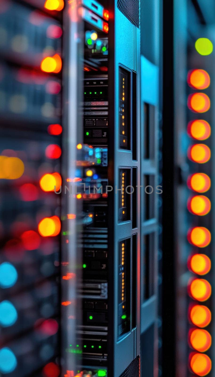 A close-up view of a server unit within a data center, the flashing lights and intricate hardware components. the precision and complexity of the technology are emphasized, with vibrant colors reflecting the dynamic activity.